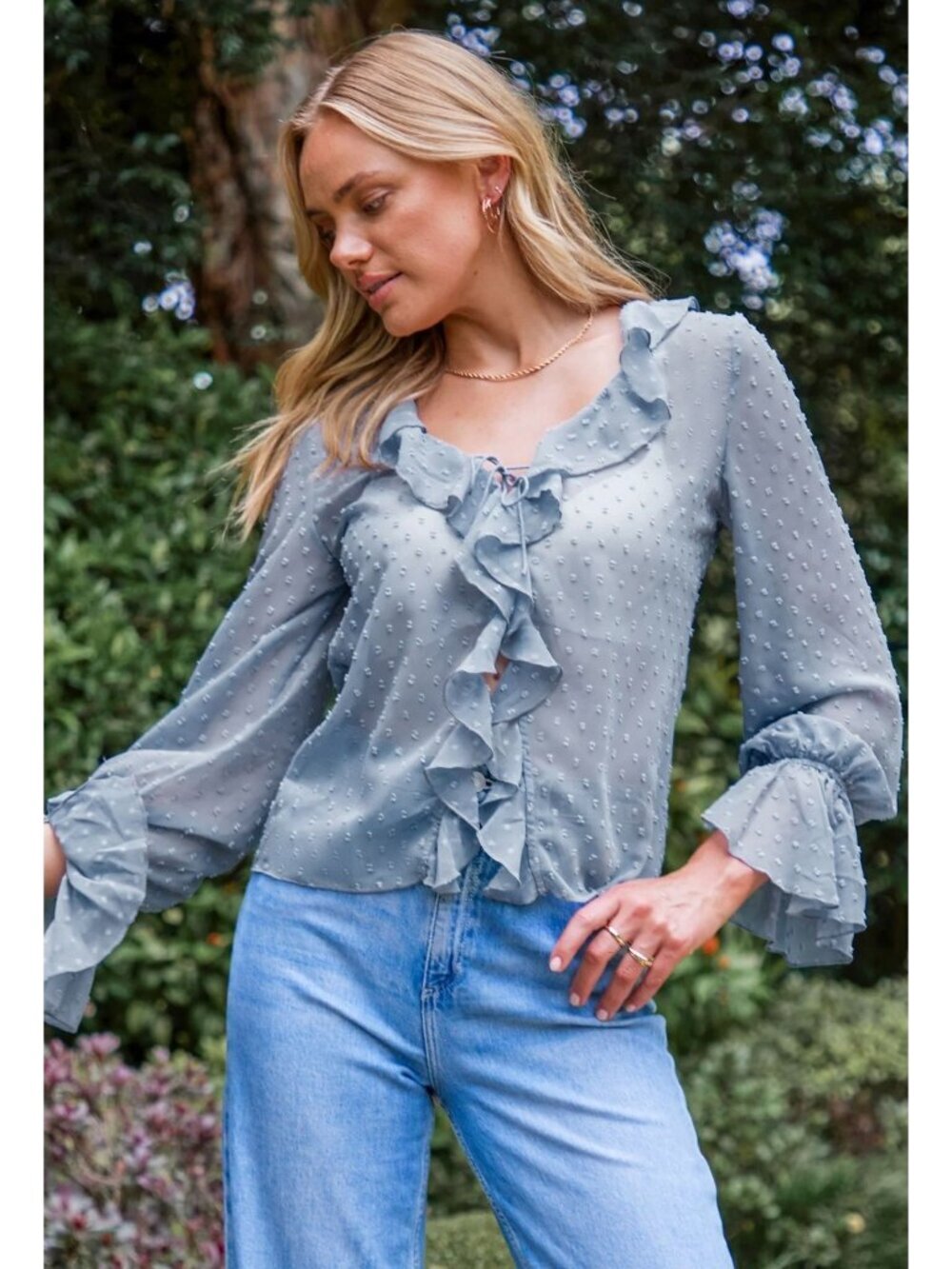 NWT Cupshe Light Blue Blouson Sleeve Ruffled Swiss Dot Blouse - Size: Small